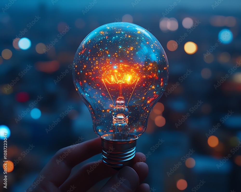 Poster digital hologram of a light bulb with glowing lines and icons representing innovation