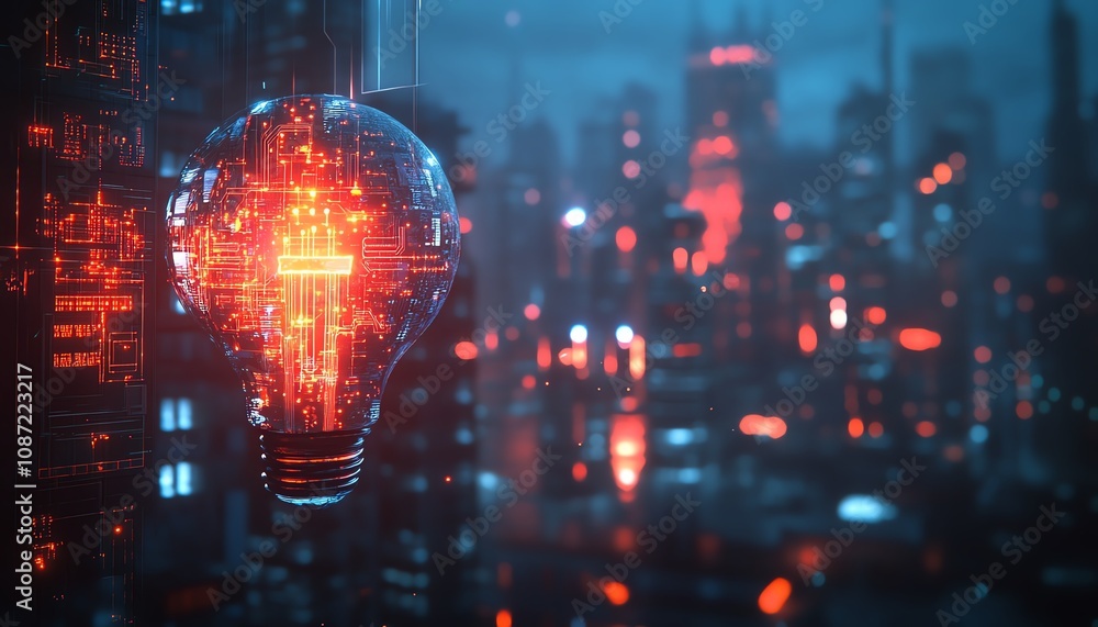 Aufkleber Digital illustration of an AI system logo with a holographic light bulb and circuit patterns, set against a blurred cityscape background at night, generative AI