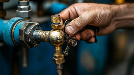 A weathered hand operates an industrial valve