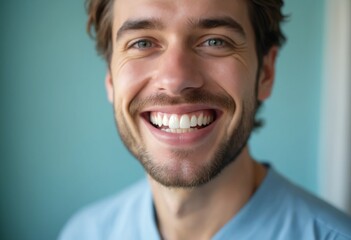 Young man with perfect healthy pearly white teeth smile. Health, teeth whitening, dental care, dentistry, stomatology concept
