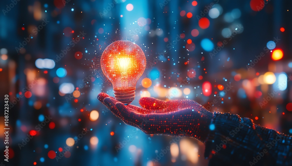 Poster digital innovation concept with a light bulb in hand, surrounded by digital interfaces and global on