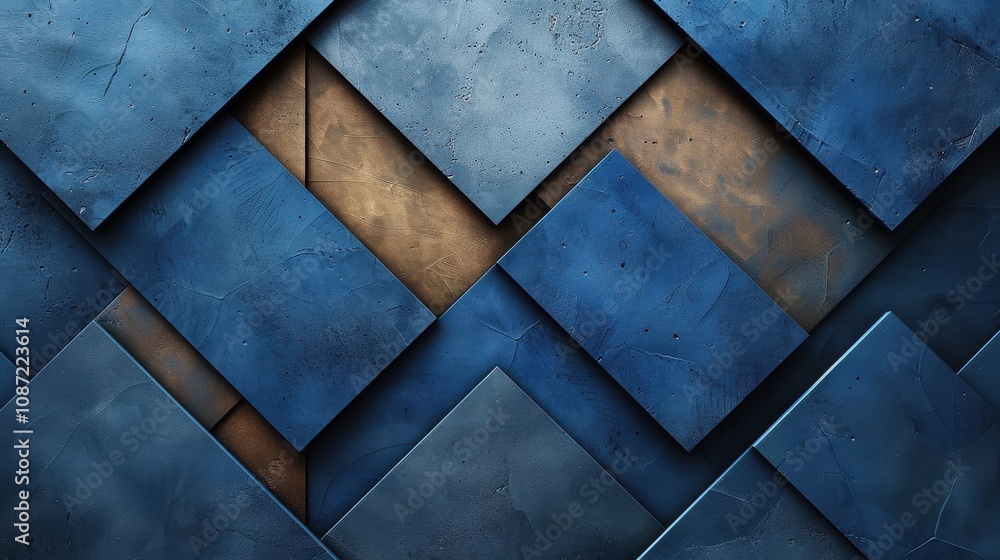 Poster abstract geometric pattern with blue and brown tiles arranged at angles, showcasing modern design an