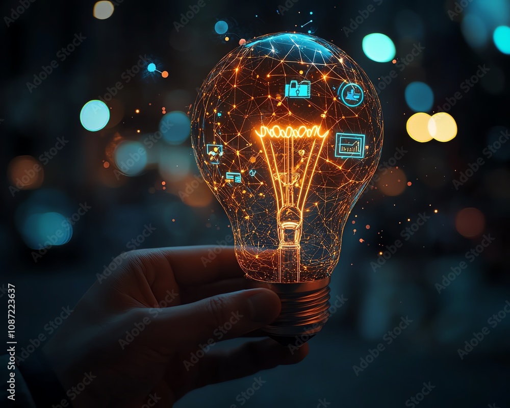 Poster digital innovation light bulb hologram with glowing lines and icons, held by a hand in business atti