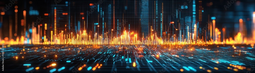 Poster analyzing financial trends luminous blue graphs of digital stock performance in virtual environments
