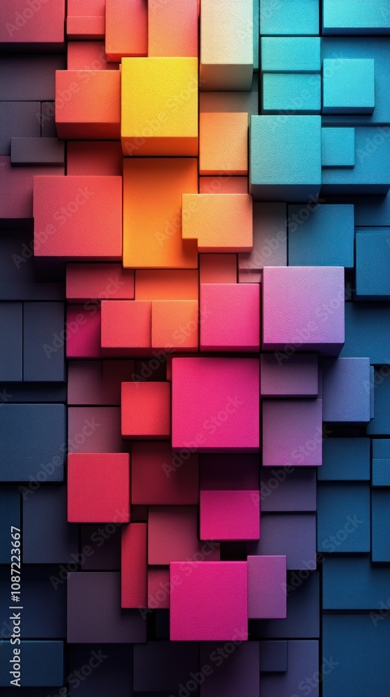 Poster abstract composition of colorful 3d cubes in gradient shades.