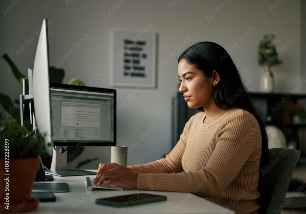 Poster young woman programming on desktop computer, developing new software in comfortable home office