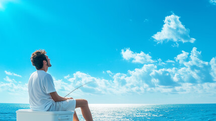 Fototapeta premium A young fisherman sits on a cooler, smiling contentedly with a fishing line cast into the sea, the bright sky and endless ocean creating a serene scene.