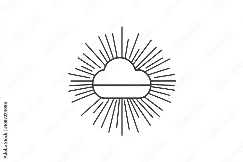Poster a cloud icon featuring sun rays surrounding it, representing weather, optimism, and artistic simplic