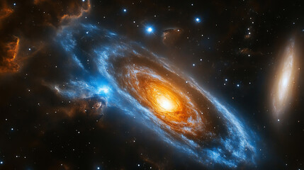 Fototapeta premium Stunning view of a spiral galaxy with bright orange core and vibrant blue arms in deep space