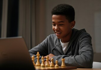Smiling boy concentrating on chessboard, playing online chess game using laptop at home