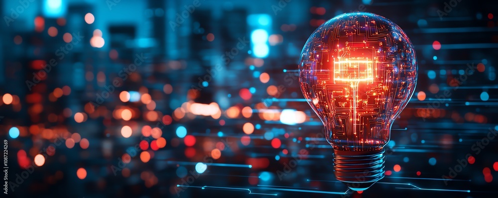 Aufkleber futuristic ai system logo with a holographic light bulb and circuit patterns, against a blurred urba