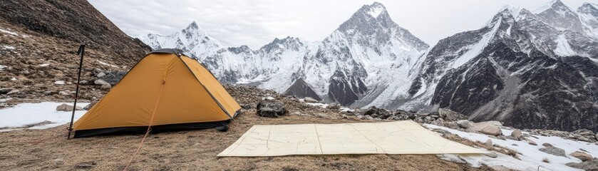 Tent nestled in a mountainous landscape, showcasing rugged peaks and snow-covered terrain.