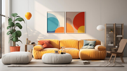 Modern Living Room Interior Mustard Yellow Sofa Abstract Art  Fiddle Leaf Fig