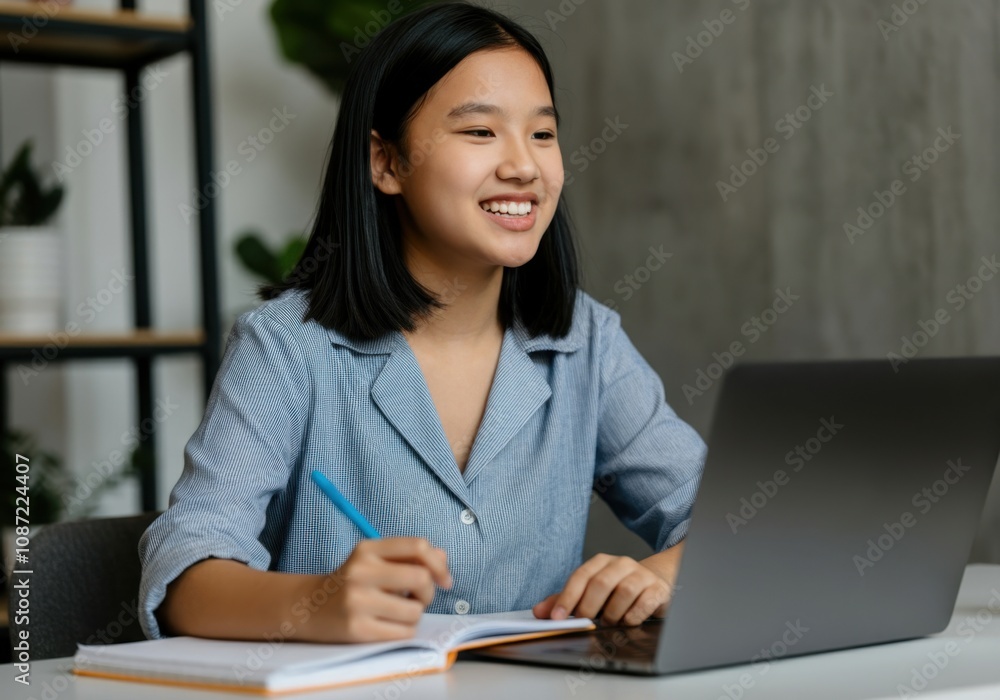 Poster young asian student is smiling while taking notes and attending an online class using her laptop at 