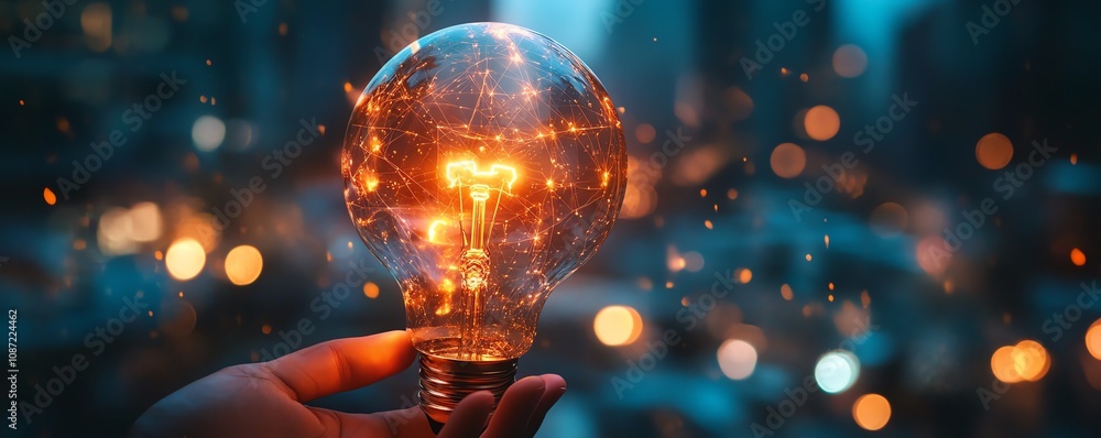 Aufkleber futuristic business idea with hand holding a light bulb and digital interface, representing global o