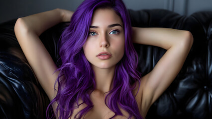 Stunning young woman with long purple hair and a serene expression relaxing on a black leather couch