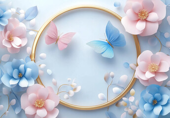 Obraz premium Pink and blue paper flowers and butterflies surround a golden circle on a pastel blue backdrop