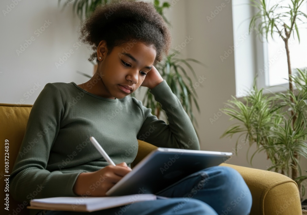 Poster focused student is taking notes while using tablet for online learning at home