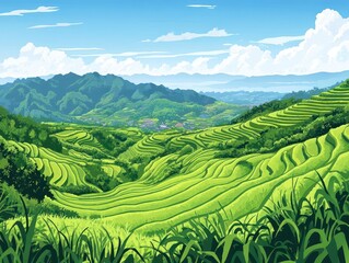 Fototapeta premium illustration of lush rice fields, showcasing green terraces stretching into the horizon under a bright blue sky, capturing the essence of agricultural beauty
