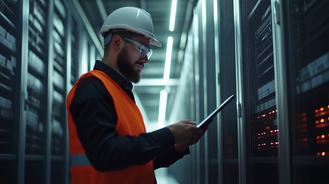 A warehouse worker in a hard hat and safety vest scrolls through data on a tablet, with rows of tall shelving units and a bright industrial background.