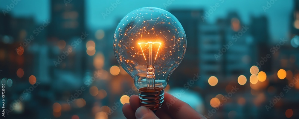 Poster hand holding a glowing light bulb with digital interface elements in the background