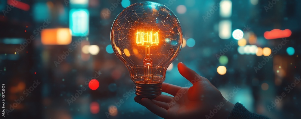 Leinwandbilder hand holding a glowing light bulb with digital interface elements in the background