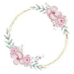 Floral circular Frame with pastel pink Flowers and green leaves for wedding greeting cards or baby invitations. Watercolor illustration with Wreath for postcards template. Drawing for postcards. © Alisles
