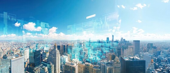 Fototapeta premium A futuristic city skyline with digital overlays and vibrant blue skies.
