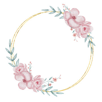 Floral circular Frame with pastel pink Flowers and green leaves for wedding greeting cards or baby invitations. Watercolor illustration with Wreath for postcards template. Drawing for postcards.