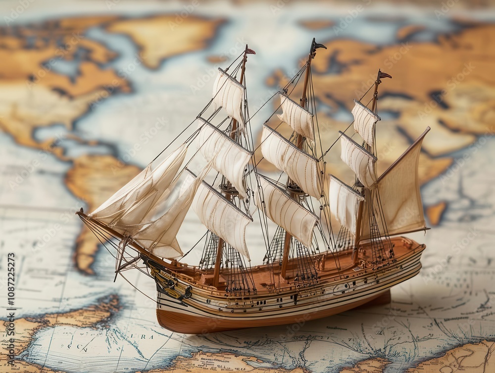 Poster intricate old sailing ship model set against a world map, evoking themes of exploration and adventur
