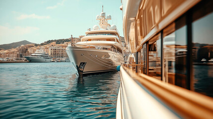 Luxury yachts docked at a marina, reflecting in the water, with a scenic view of a coastal town and...