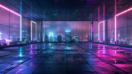 Empty square floor with city skyline background, Urban plaza with skyscrapers backdrop, dynamic angles