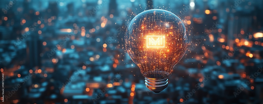 Poster holographic light bulb and circuit elements forming an ai logo, with a blurred cityscape at night in