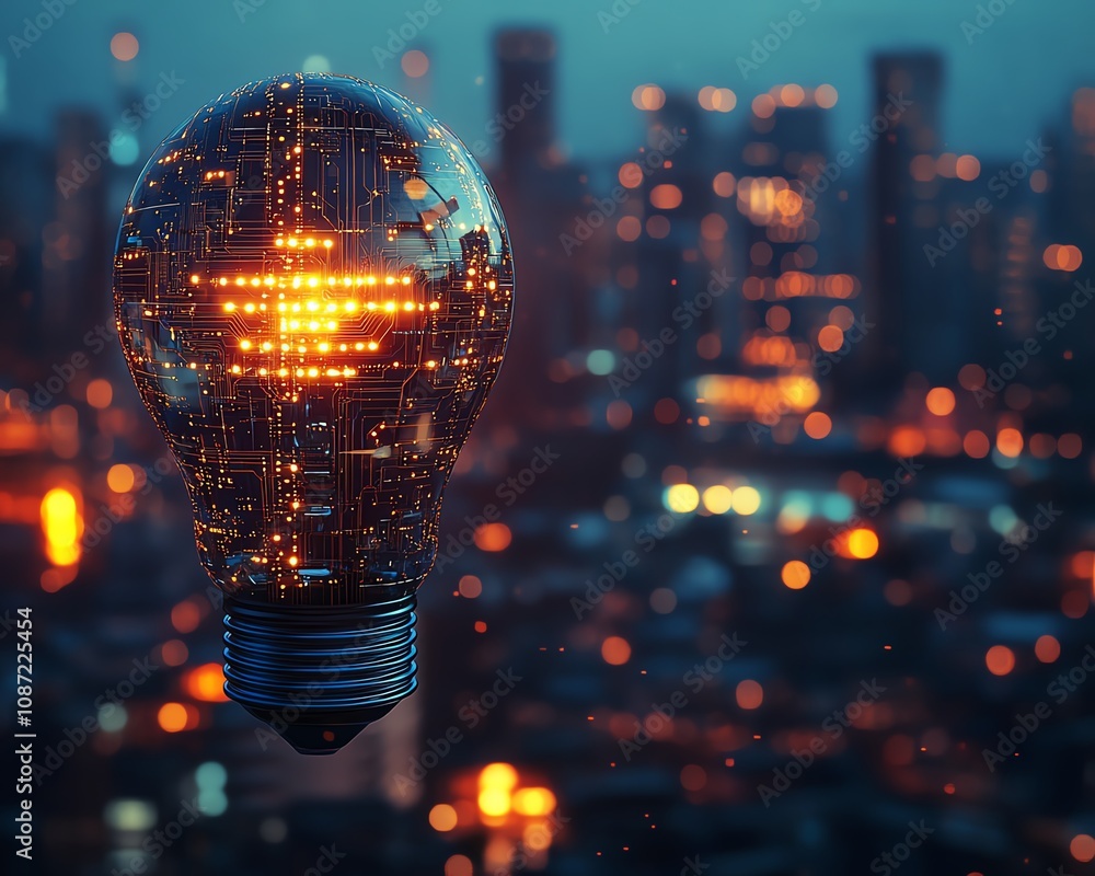 Poster Holographic light bulb and circuit patterns forming an AI system logo, set against a blurred cityscape at night, futuristic generative AI illustration