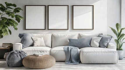 Fototapeta premium White Sectional Sofa with Blue Pillows and Blank Frames in a Modern Living Room