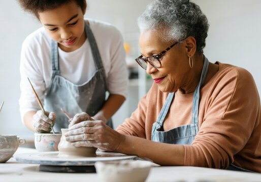 Grandmother and granddaughter enjoying pottery class, molding clay on pottery wheel
