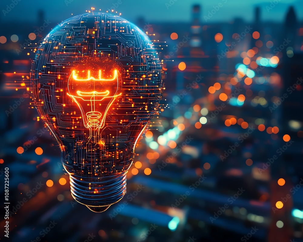 Poster holographic light bulb and circuit patterns forming an ai system logo, set against a blurred citysca