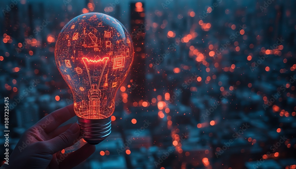 Poster holographic light bulb glowing with lines and icons of innovation, held by a hand in business attire