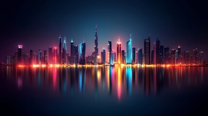 Obraz premium Luminous Cityscape by the River, a vibrant skyline illuminated at night, skyscrapers reflecting on calm waters under a clear sky