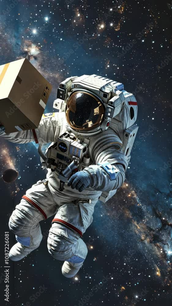 Poster astronaut floating in space while delivering a cardboard package