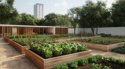 Fototapeta premium A vibrant urban garden featuring raised beds filled with various vegetables, framed by lush greenery and a modern building in the background.
