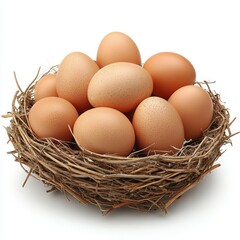 A nest filled with brown chicken eggs, natural and rustic style, isolated on white background