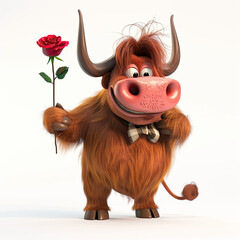 3D Cartoon Highland Cow Holding a Romantic Rose for Valentine's Day