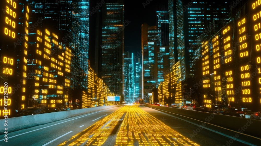 Poster futuristic cityscape with binary code illuminated on skyscrapers and a busy highway.