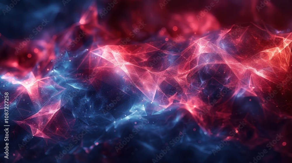 Poster abstract cosmic atmosphere featuring swirling red and blue patterns in a dark space setting during a