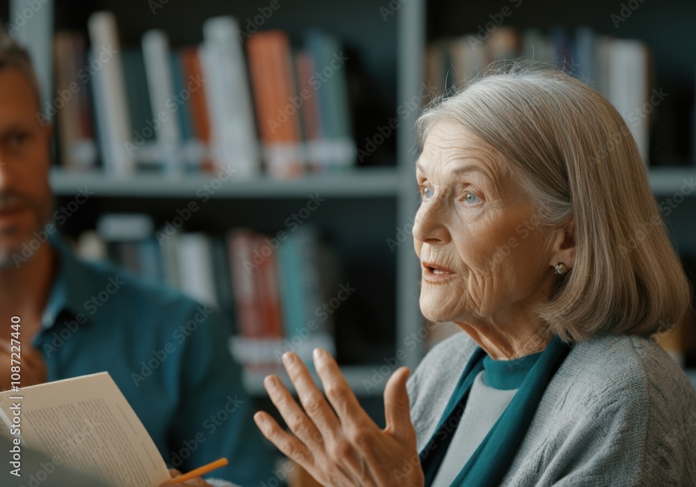Poster elderly professor speaking and gesturing with hand to explain a concept to students in the universit