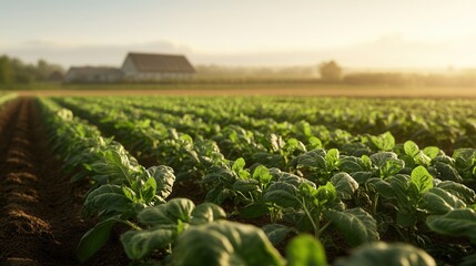 A tranquil farm landscape at sunrise, featuring rows of lush green crops and a distant barn under a clear sky.