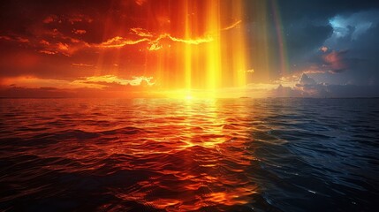 Stunning sunset over calm ocean waters with vibrant rays illuminating the sky and reflecting on the waves at dusk