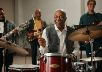 Senior drummer enjoying playing music with his band in recording studio, smiling and playing drums