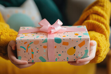 A person is holding a gift box with a pink bow on it